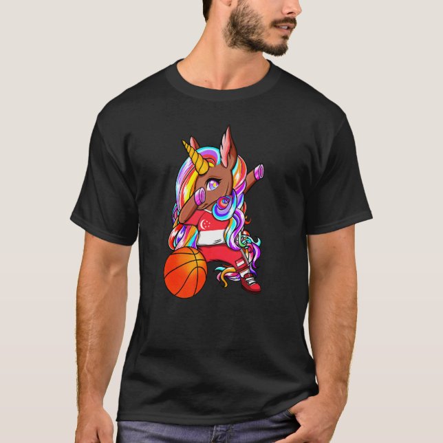 Dabbing Brown Skin Unicorn Singapur Basketball Fa T-Shirt (Vorderseite)