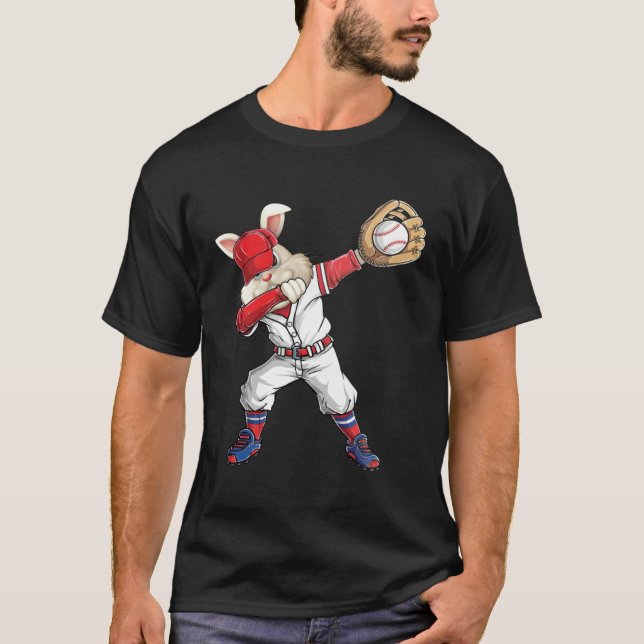 Dabbing Bunny Holding Baseball Ball Catcher Easter T-Shirt (Vorderseite)