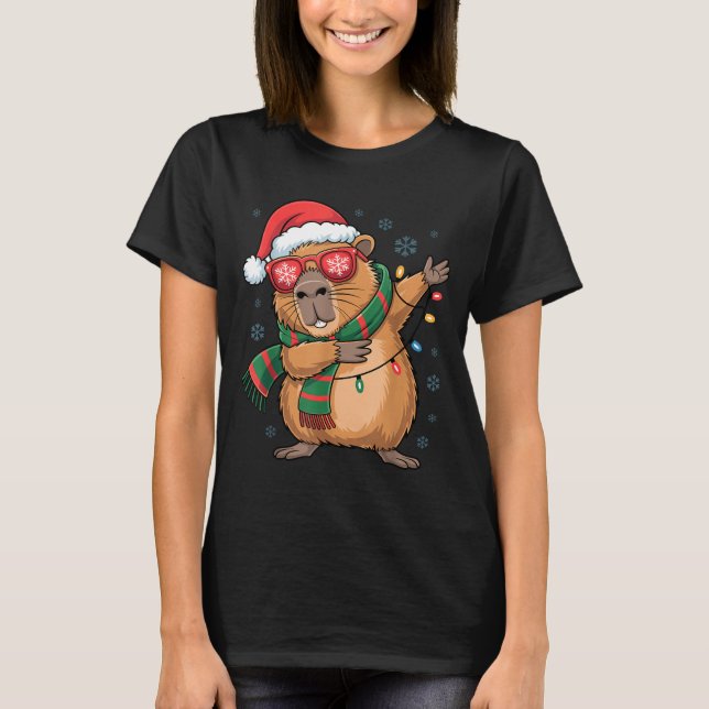 Dabbing Capybara Christmas Santa Hat Funny Holiday T-Shirt (Vorderseite)