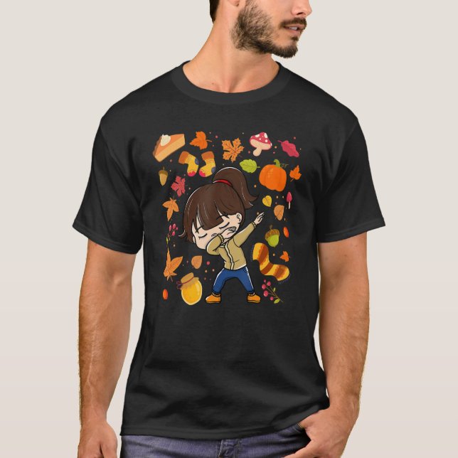 Dabbing Girl Autumn Maple Pumpkin Fall Saison Leav T-Shirt (Vorderseite)