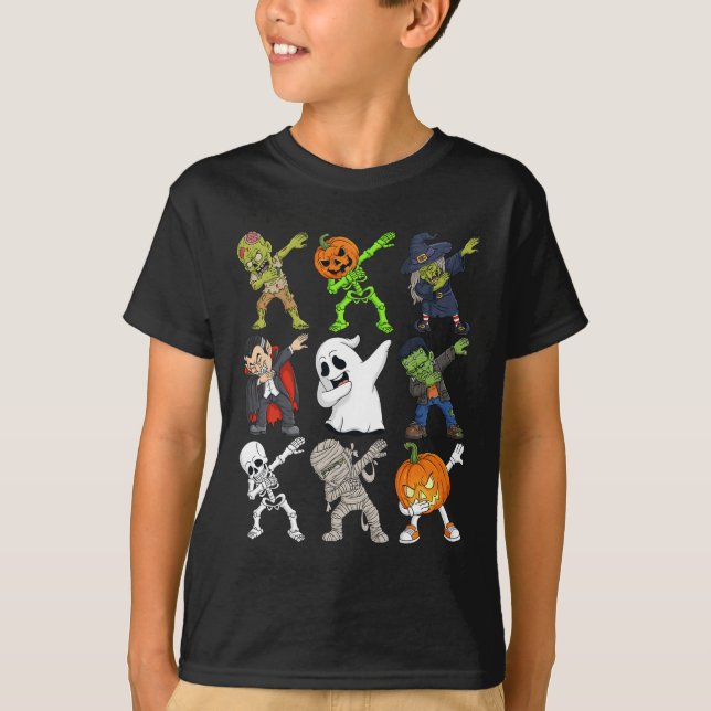 Dabbing Halloween Skeleton Zombie Beängstigend Pum T-Shirt (Vorderseite)
