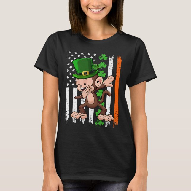 Dabbing Monkey Leprechaun Hat American Flag St Pat T-Shirt (Vorderseite)