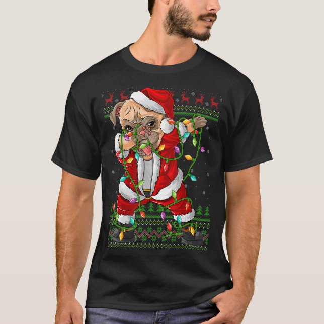 Dabbing Mops Hund Xmas Lights Ugly Mops Santa Chri T-Shirt (Vorderseite)