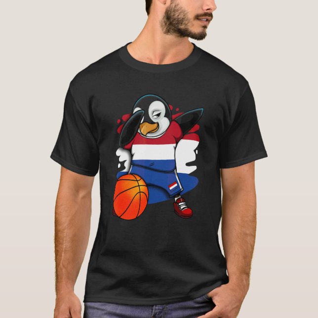 Dabbing Penguin Netherlands Basketball Fan Jersey T-Shirt (Vorderseite)