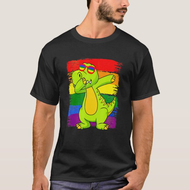 Dabbing Pridesaurus Rex Dinosaur LGBT Flag Gay Pri T-Shirt (Vorderseite)