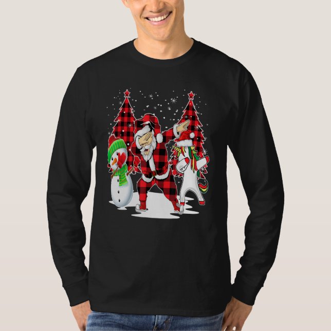 Dabbing Santa Friends Tree Buffalo Karierte Weihna T-Shirt (Vorderseite)