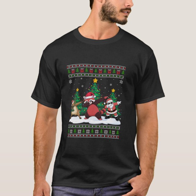 Dabbing Santa Reindeer Red Panda Tree Lights Ugly T-Shirt (Vorderseite)
