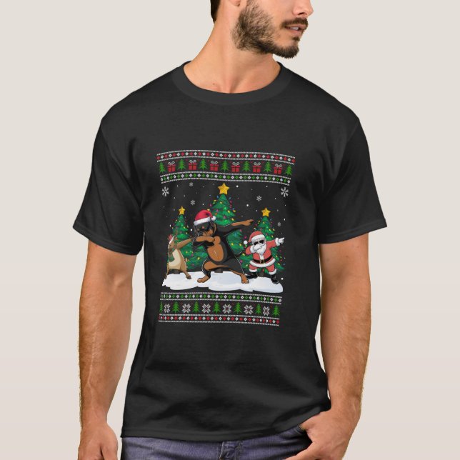 Dabbing Santa Reindeer Rottweiler Hunde Tree Light T-Shirt (Vorderseite)
