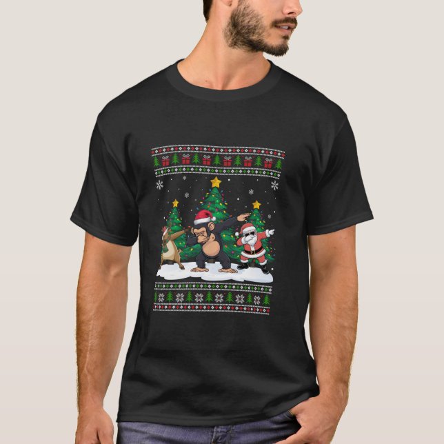 Dabbing Santa Reindeer Schimpanzee Tree Lights Ugl T-Shirt (Vorderseite)
