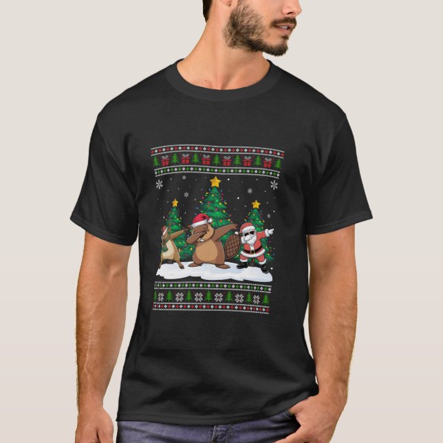 Dabbing Santa Rentier Biber Tree Lights Ugly Xma T-Shirt (Vorderseite)