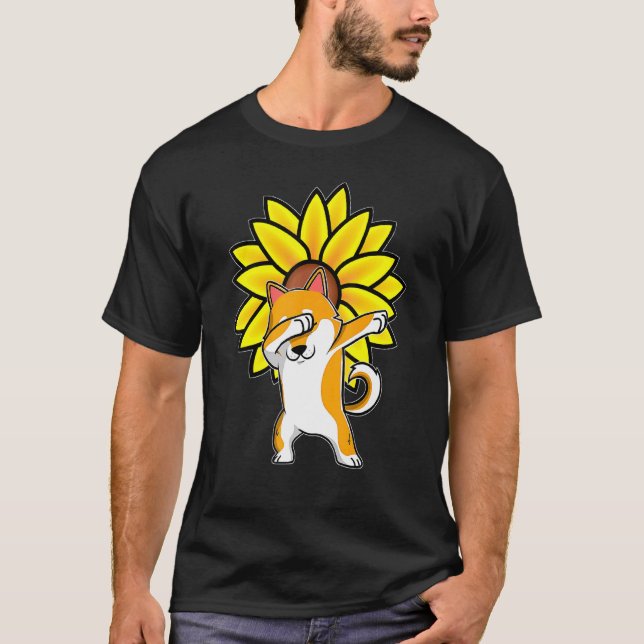 Dabbing Shiba Akita Inu Hund Sonnenblumen Autismus T-Shirt (Vorderseite)
