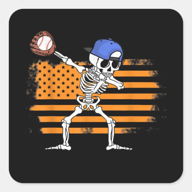 Dabbing Skeleton Baseball Funny Halloween Quadratischer Aufkleber (Vorderseite)
