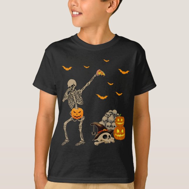 Dabbing Skeleton Eating Pizza Beängstigend Pumpkin T-Shirt (Vorderseite)