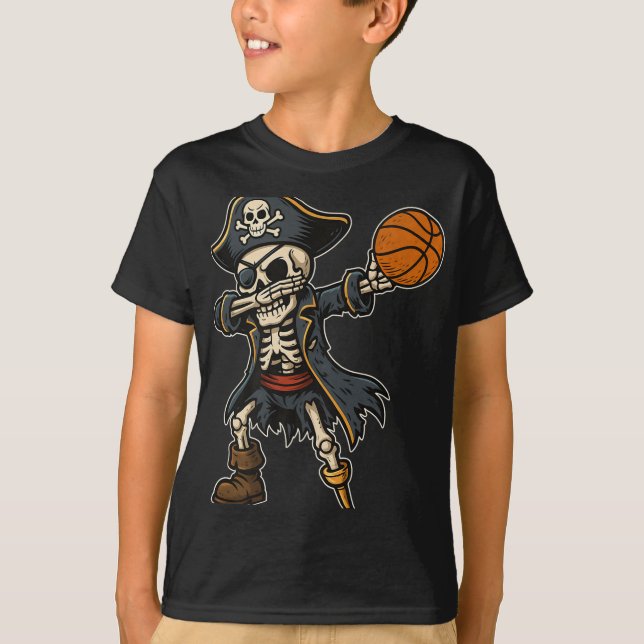 Dabbing Skeleton Pirate Basketball Halloween Pirat T-Shirt (Vorderseite)