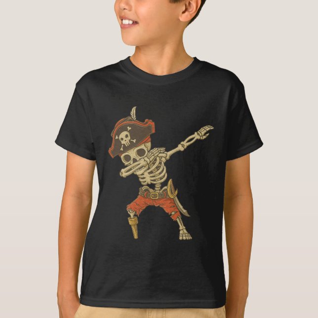 Dabbing Skeleton Pirate Halloween Kids Piratenflag T-Shirt (Vorderseite)