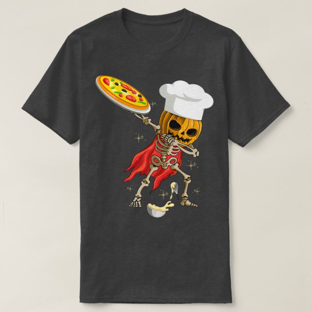 Dabbing Skeleton Pizza Koch Halloween Beängstigend T-Shirt (Design vorne)