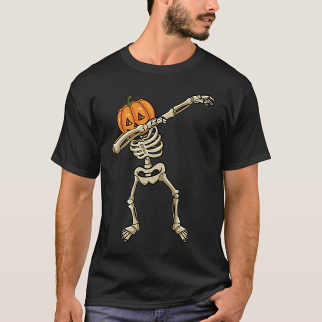Dabbing Skeleton Pumpkin Halloween Jack O Lantern T-Shirt (Vorderseite)