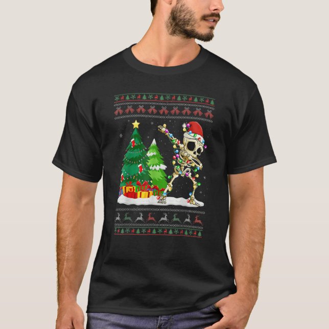 Dabbing Skeleton Tree Santa Hat Ugly Christmas Swe T-Shirt (Vorderseite)