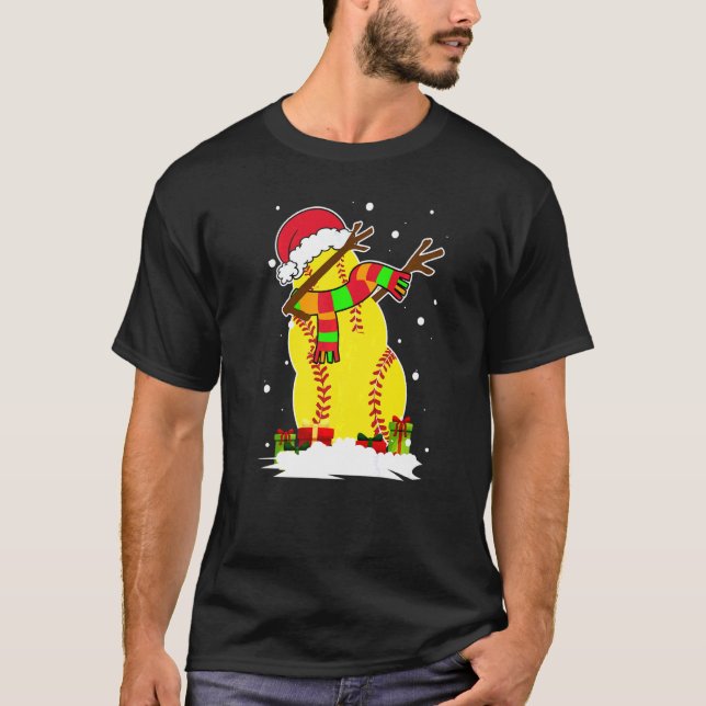 Dabbing Snowman Softball Ball Santa Christmas Paja T-Shirt (Vorderseite)