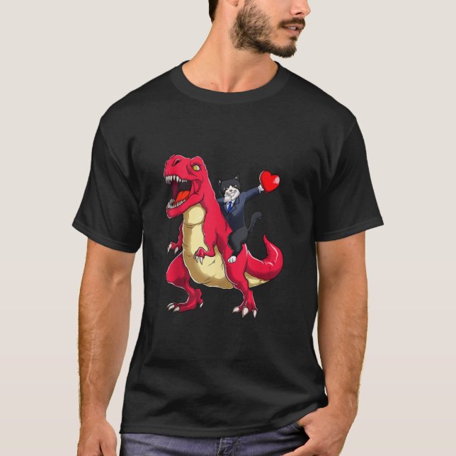 Dabbing Tuxedo Cat Riding Dinosaur Valentines Day  T-Shirt (Vorderseite)