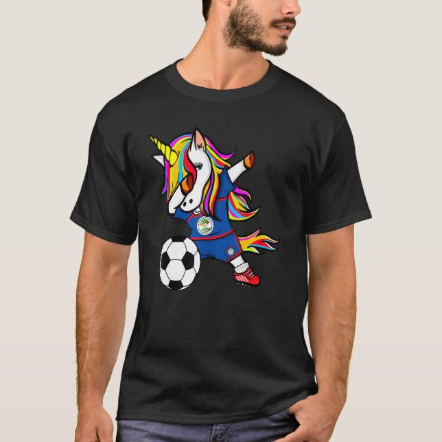 Dabbing Unicorn Belize Football Belizean Flag Socc T-Shirt (Vorderseite)