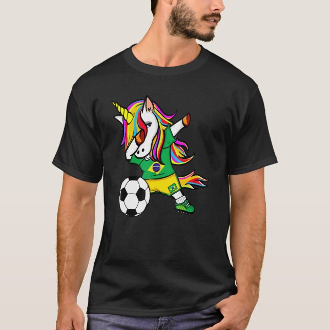 Dabbing Unicorn Brazil Football Brazilian Flag Soc T-Shirt (Vorderseite)