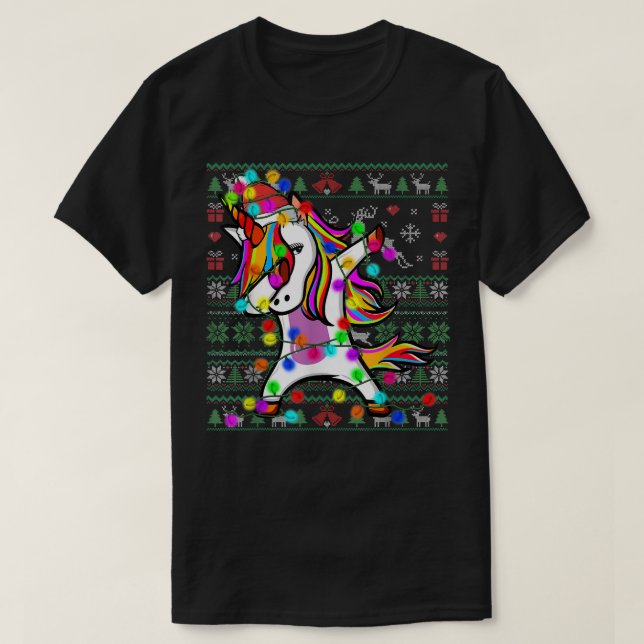 Dabbing Unicorn Fairy Lights Ugly Christmas Sweet T-Shirt (Design vorne)