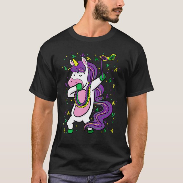 Dabbing Unicorn Jester Hat Mask Mardi Gras Festiva T-Shirt (Vorderseite)