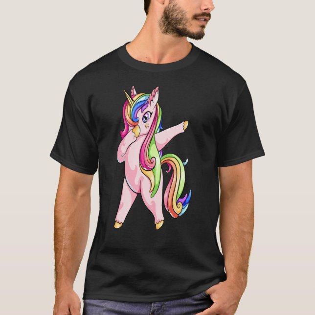 Dabbing Unicorn mit Regenbogenhaar Dabbin Tanz T-Shirt (Vorderseite)