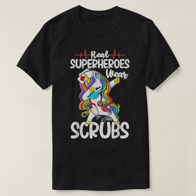 Dabbing Unicorn Nurse Real Superheroes Wear Scrubs T-Shirt (Design vorne)