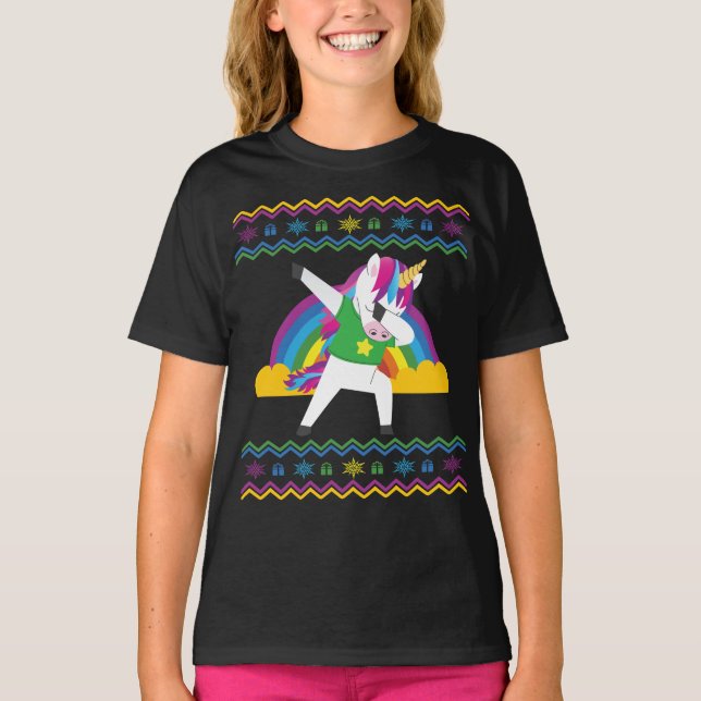 Dabbing Unicorn Rainbow Ugly Christmas Sweater T-Shirt (Vorderseite)