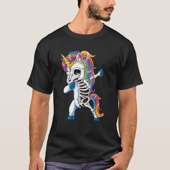 Dabbing Unicorn Skeleton Skulls Halloween Boys Gir T-Shirt (Vorderseite)
