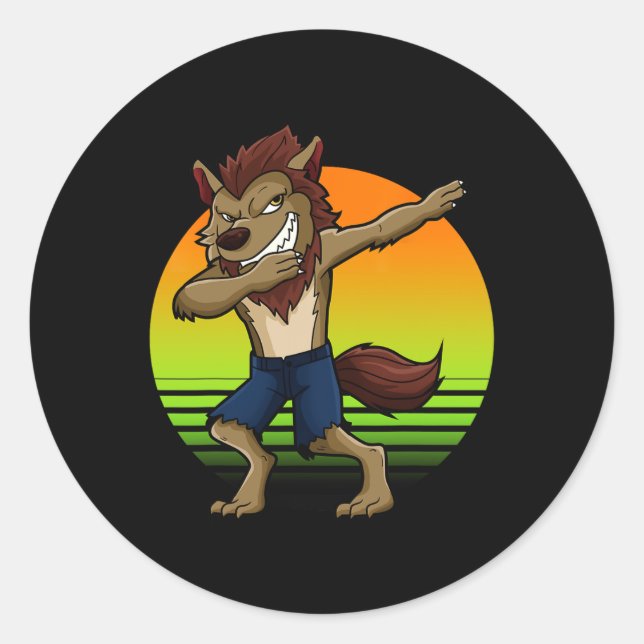 Dabbing Werewolf Retro Sunset Halloween Jungs Kind Runder Aufkleber (Vorderseite)