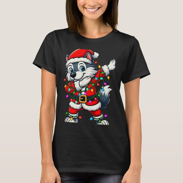 Dabbing Wolf Lights Santa Xmas Girls Boys Kids Chr T-Shirt (Vorderseite)