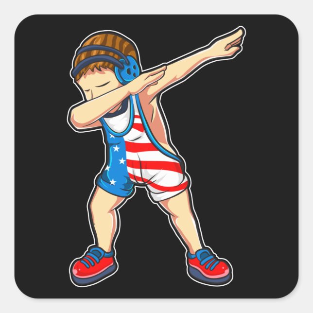Dabbing Wrestling Boy Wrestler US-Flagge Quadratischer Aufkleber (Vorderseite)