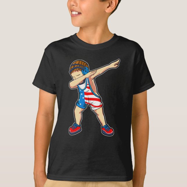 Dabbing Wrestling Boy Wrestler US-Flagge T-Shirt (Vorderseite)