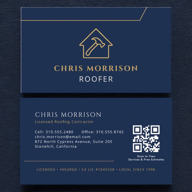 Dachdecker-QR-Code-Dachdeckerfirma Navy Blau Gold Visitenkarte (Von Creator hochgeladen)