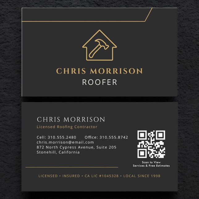 Dachdecker-QR-Code Dachdeckerfirma Schwarz Gold Visitenkarte (Von Creator hochgeladen)