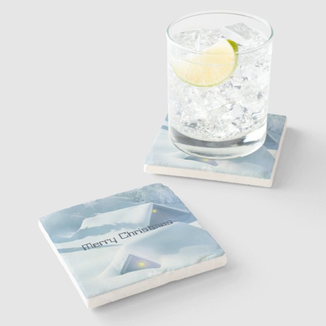 Dächer mit glänzender Schneedecke Steinuntersetzer (Seitenansicht)