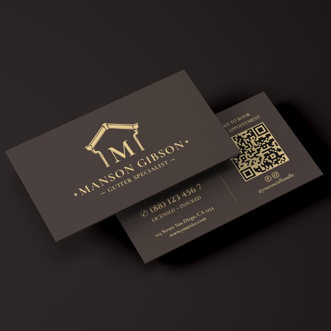 Dachrinnen-Spezialist-Logo Espresso Modern QR-Code Visitenkarte (Gutter Specialist Logo Espresso Modern QR Code Business Card)