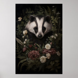 Dachs im Blumenwald-Druck, Moody Cottagecore Poster