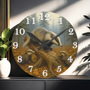 Dachsfamilie in nebligen Wäldern Runde Wanduhr