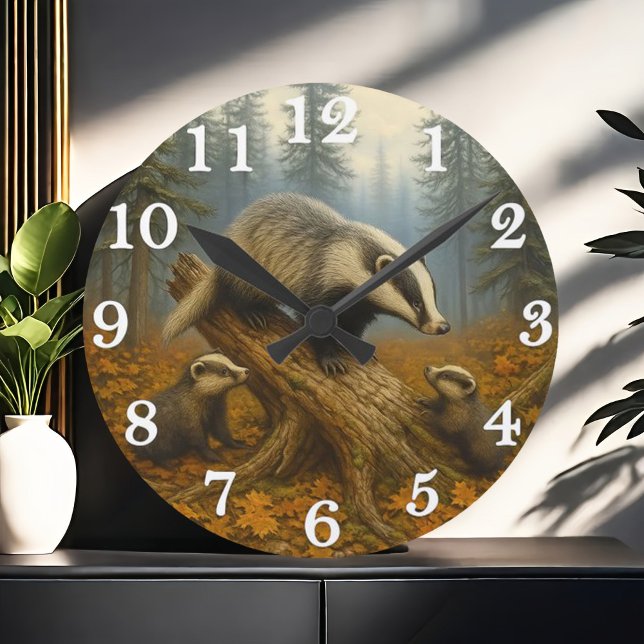 Dachsfamilie in nebligen Wäldern Runde Wanduhr (Von Creator hochgeladen)