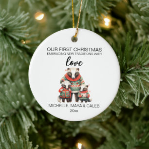 Dachsfamilie zu Weihnachten mit drei Mitgliedern Keramik Ornament