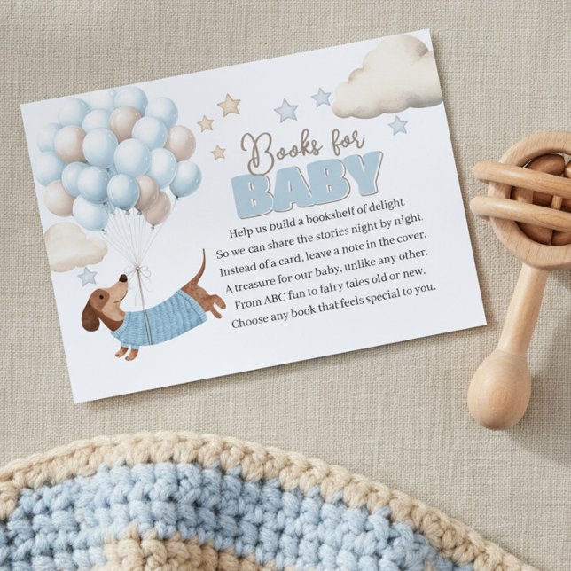 Dachshund and Balloons Blue Books for Baby Shower Begleitkarte (Baby Shower Book Request Card. Dachshund and balloons design in blue and beige)