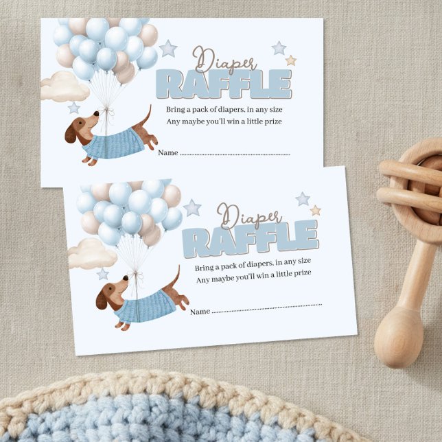 Dachshund and Balloons Blue Diaper Raffle Begleitkarte (Baby Shower Diaper Raffle Tickets. Dachshund and balloons design in blue and beige)