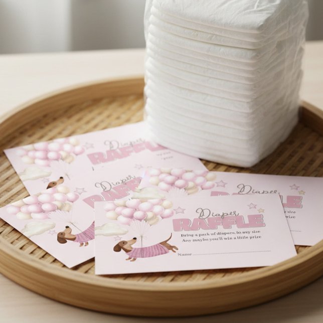 Dachshund and Balloons Pink Diaper Raffle Begleitkarte (Dachshund Teenie Weenie Diaper Raffle Card - Girl Baby Shower stationery.)