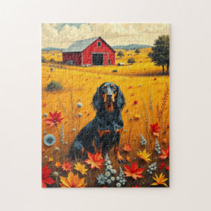 Dachshund auf dem Bauernhof im Herbst Puzzle