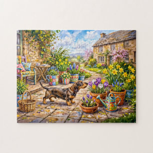Dachshund beim Spaziergang durch einen farbenfrohe Puzzle
