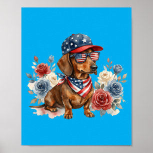 Dachshund Blumen Amerikanische Flagge Usa 4. Juli Poster